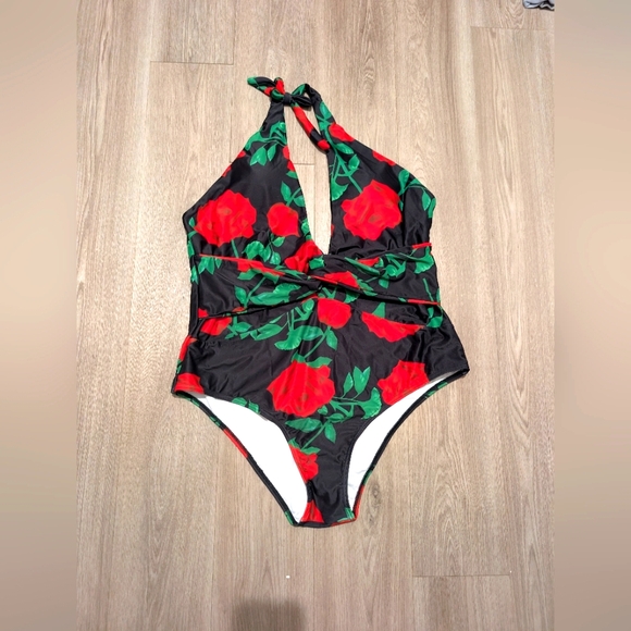 SHEIN Other - SHEIN Black and Red One Piece Halter Swimsuit